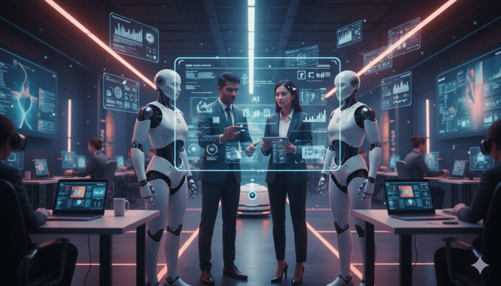 Futuristic workspace showing the best AI tools of 2026, with AI robots, holographic software interfaces, and digital dashboards.