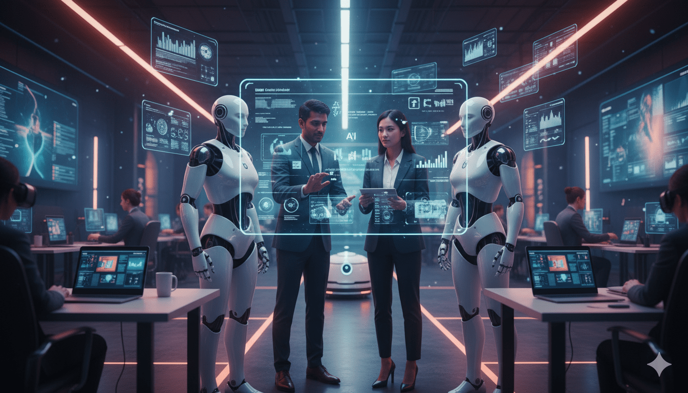 Futuristic workspace showing the best AI tools of 2026, with AI robots, holographic software interfaces, and digital dashboards.