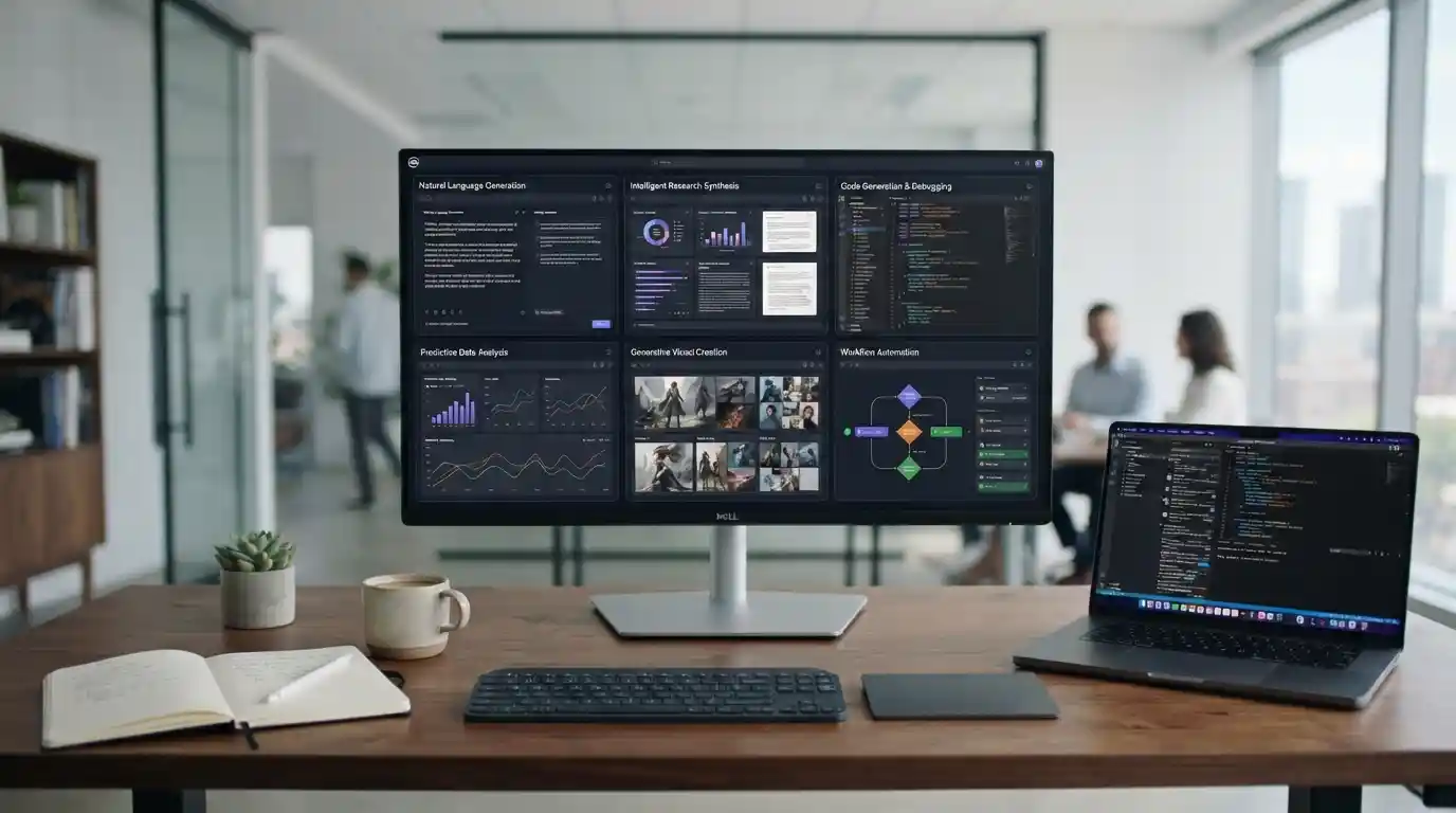 Modern computer workspace representing AI tools for writing, research, coding, productivity, and creative work.