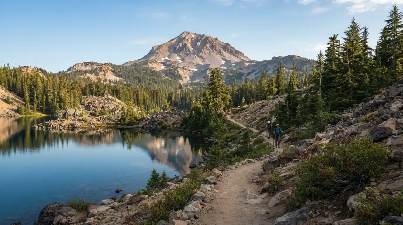 Lassen Peak rising above an alpine lake and scenic hiking trail in Lassen Volcanic National Park