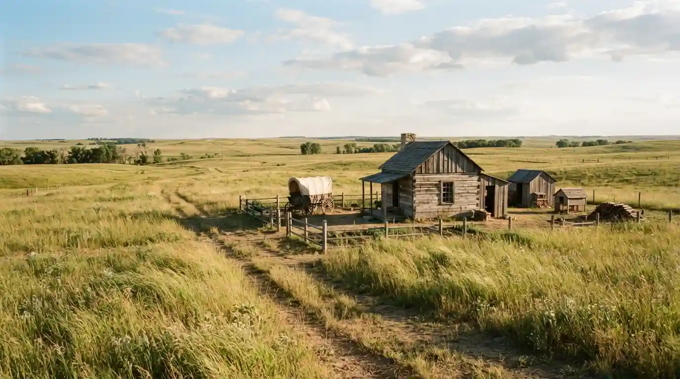 Historic pioneer homestead surrounded by prairie grass in the American Midwest