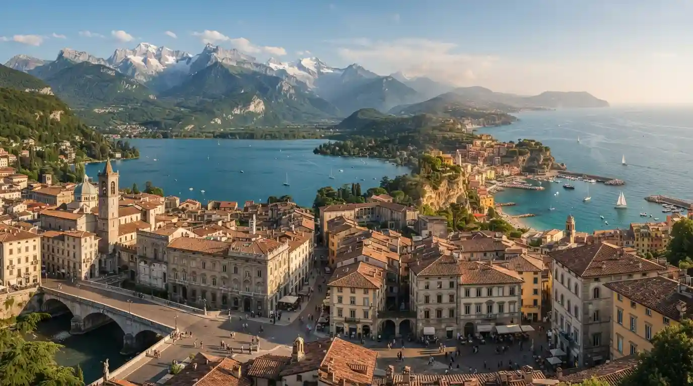 European travel landscape combining historic architecture, Alpine mountains, and Mediterranean scenery