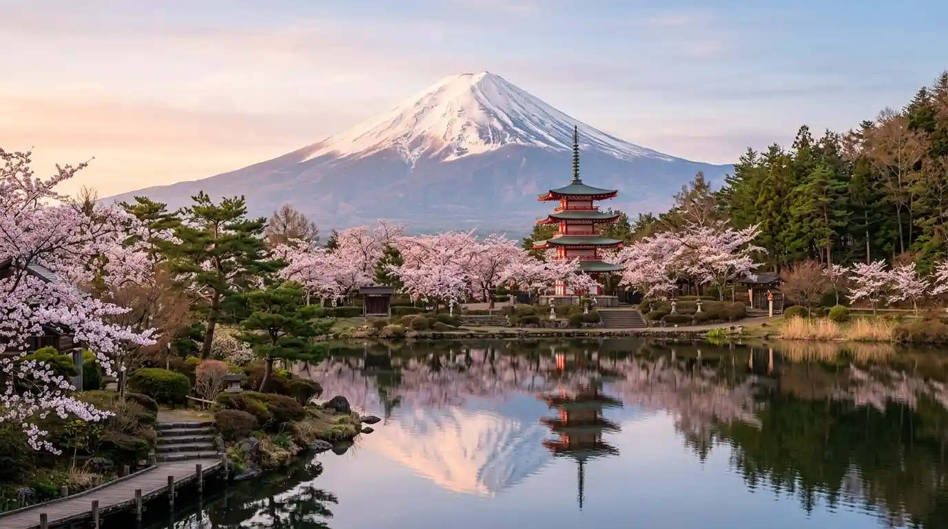 Mount Fuji and a traditional Japanese pagoda framed by cherry blossoms beside a peaceful lake.