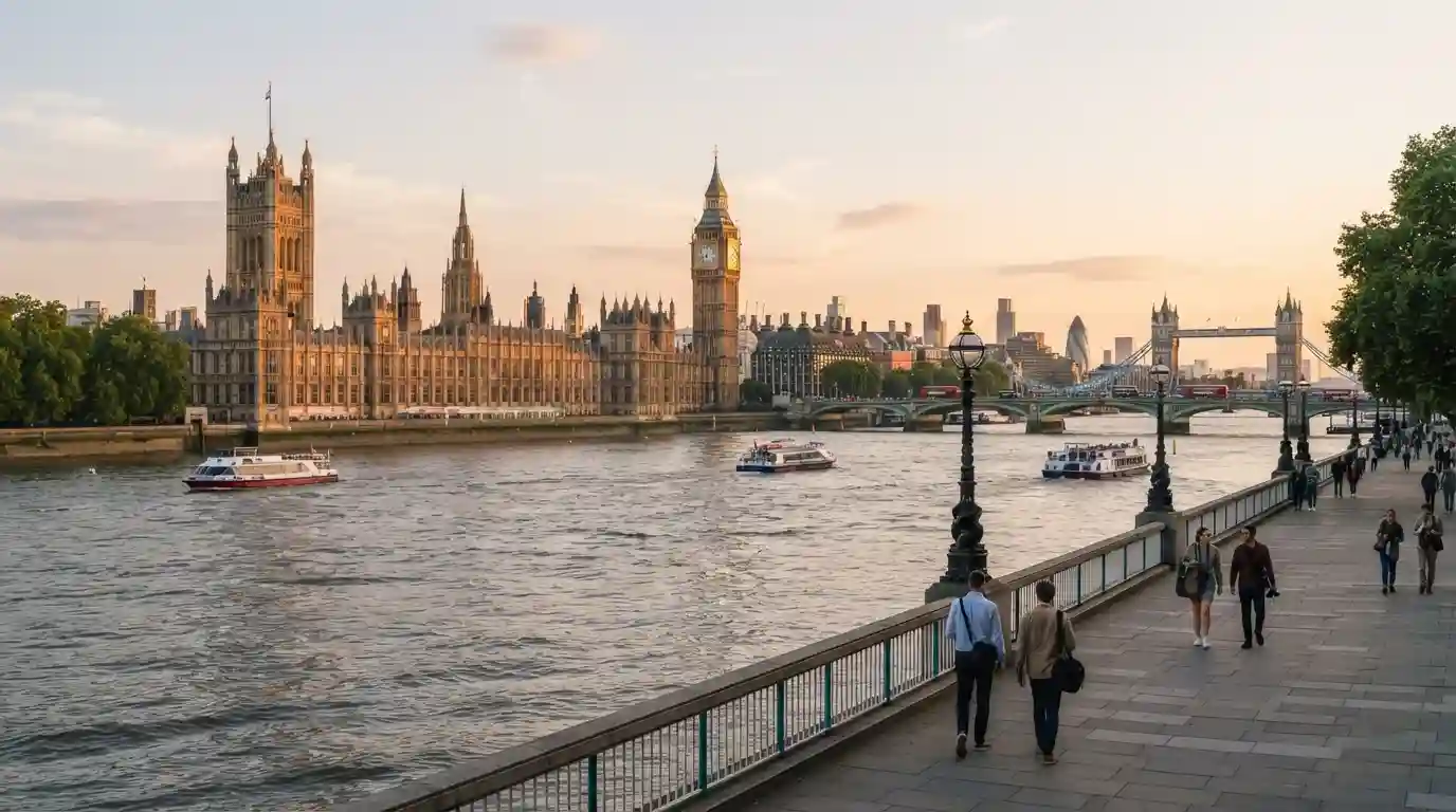 Big Ben and the Palace of Westminster beside the River Thames in London with the city skyline
