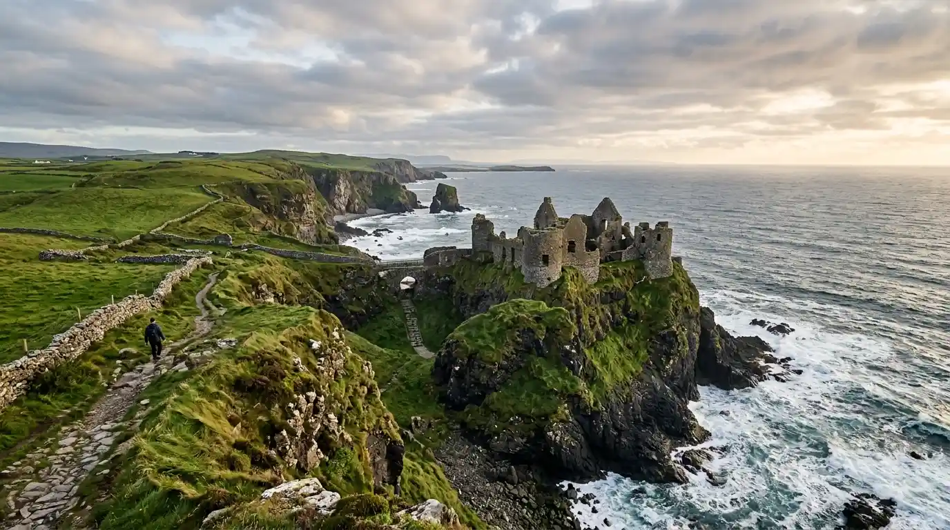 Rugged green Irish coastline with ancient stone ruins overlooking the Atlantic Ocean.