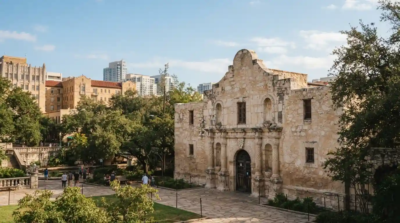 The Alamo in downtown San Antonio, Texas, representing the city's historic attractions