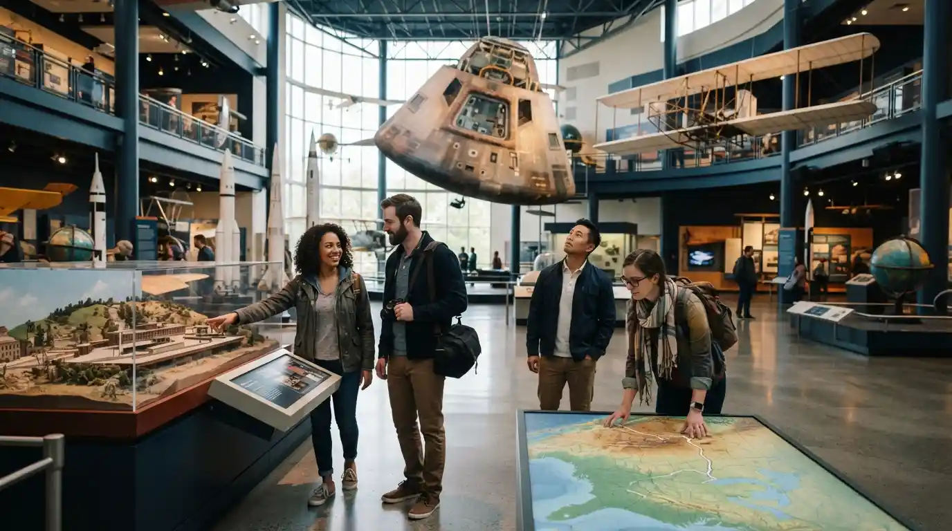 Travelers exploring science and history exhibits inside a US museum