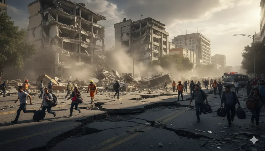 Realistic scene of Mexico earthquake showing cracked roads, damaged buildings, dust clouds, and people evacuating with emergency responders assisting.