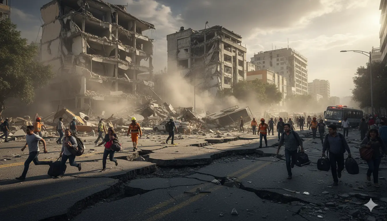 Realistic scene of Mexico earthquake showing cracked roads, damaged buildings, dust clouds, and people evacuating with emergency responders assisting.