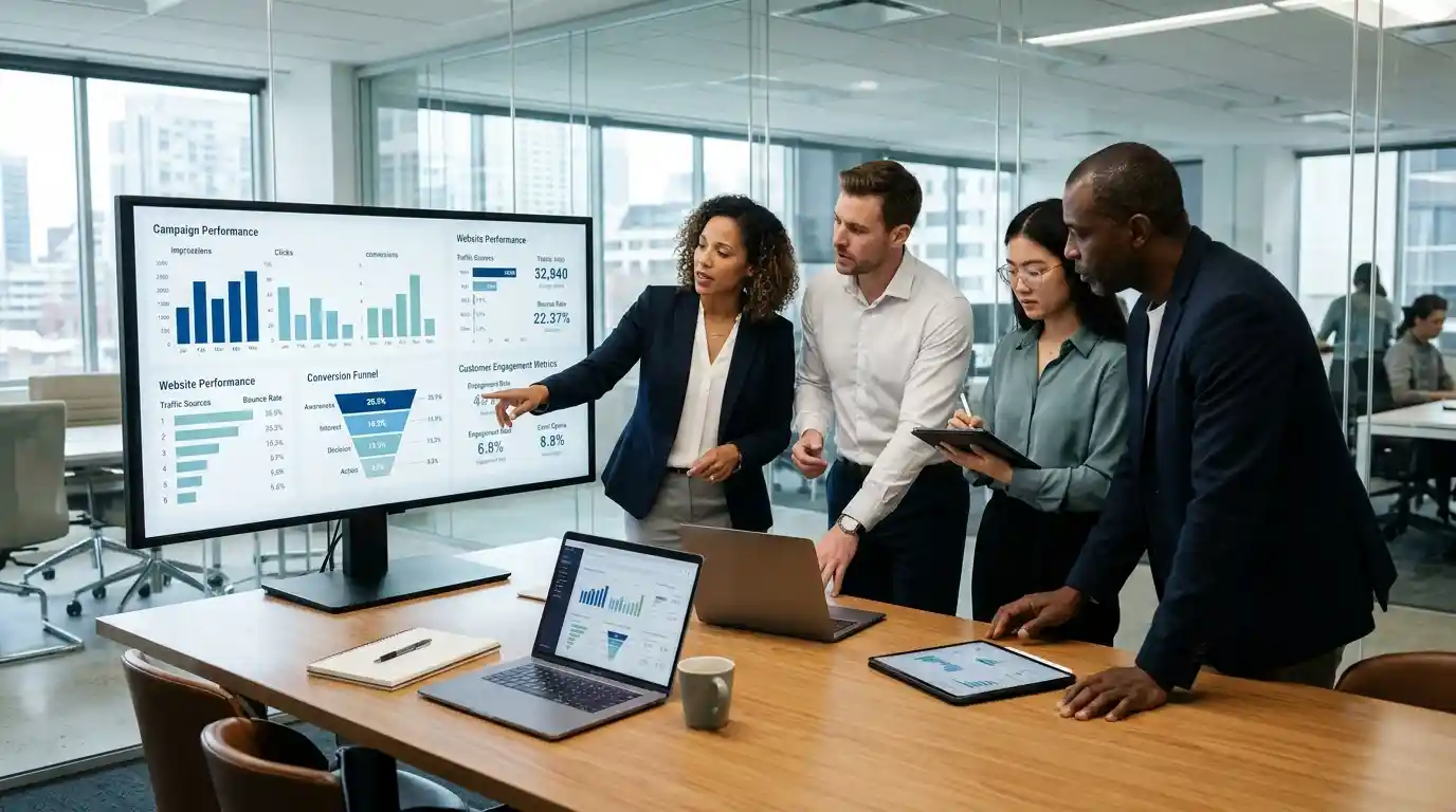 Marketing professionals reviewing campaign analytics and customer engagement data in a modern office.