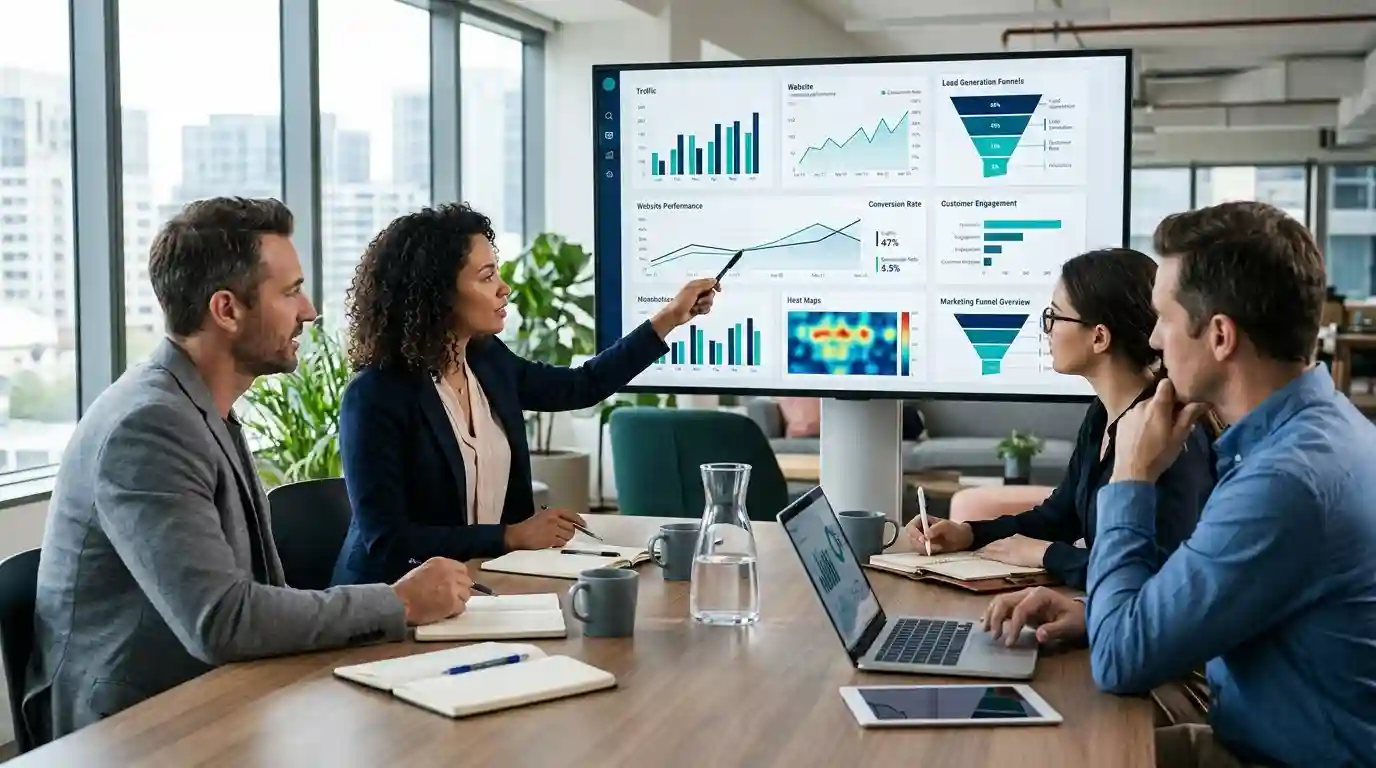 Business professionals reviewing digital marketing analytics and lead-generation performance on a computer screen.