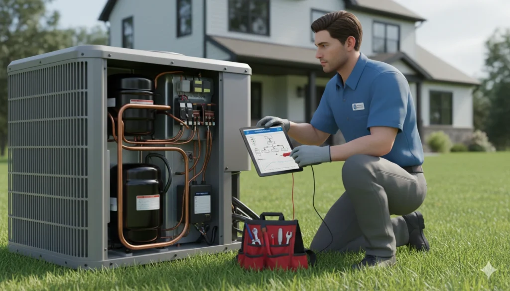 Photorealistic HVAC technician performing air conditioning repair in Berwick with strategic planning