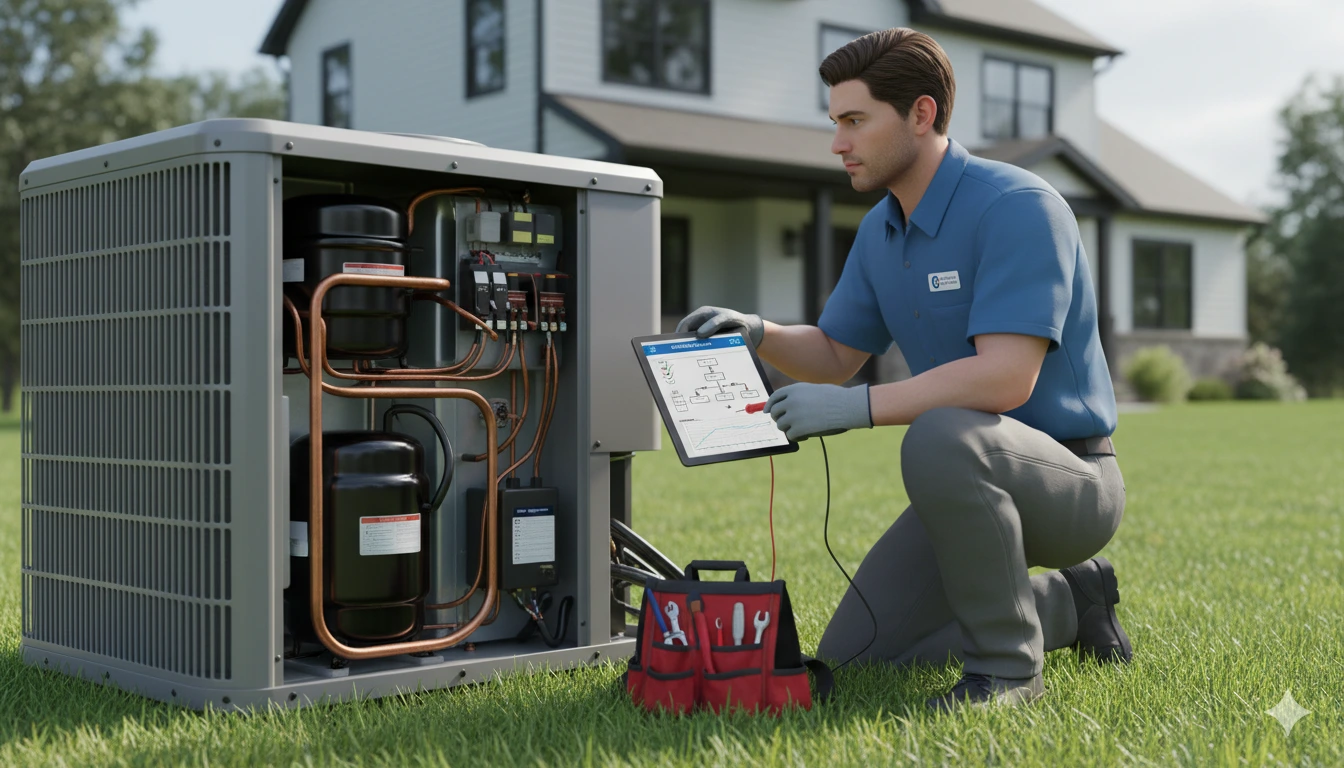 Photorealistic HVAC technician performing air conditioning repair in Berwick with strategic planning