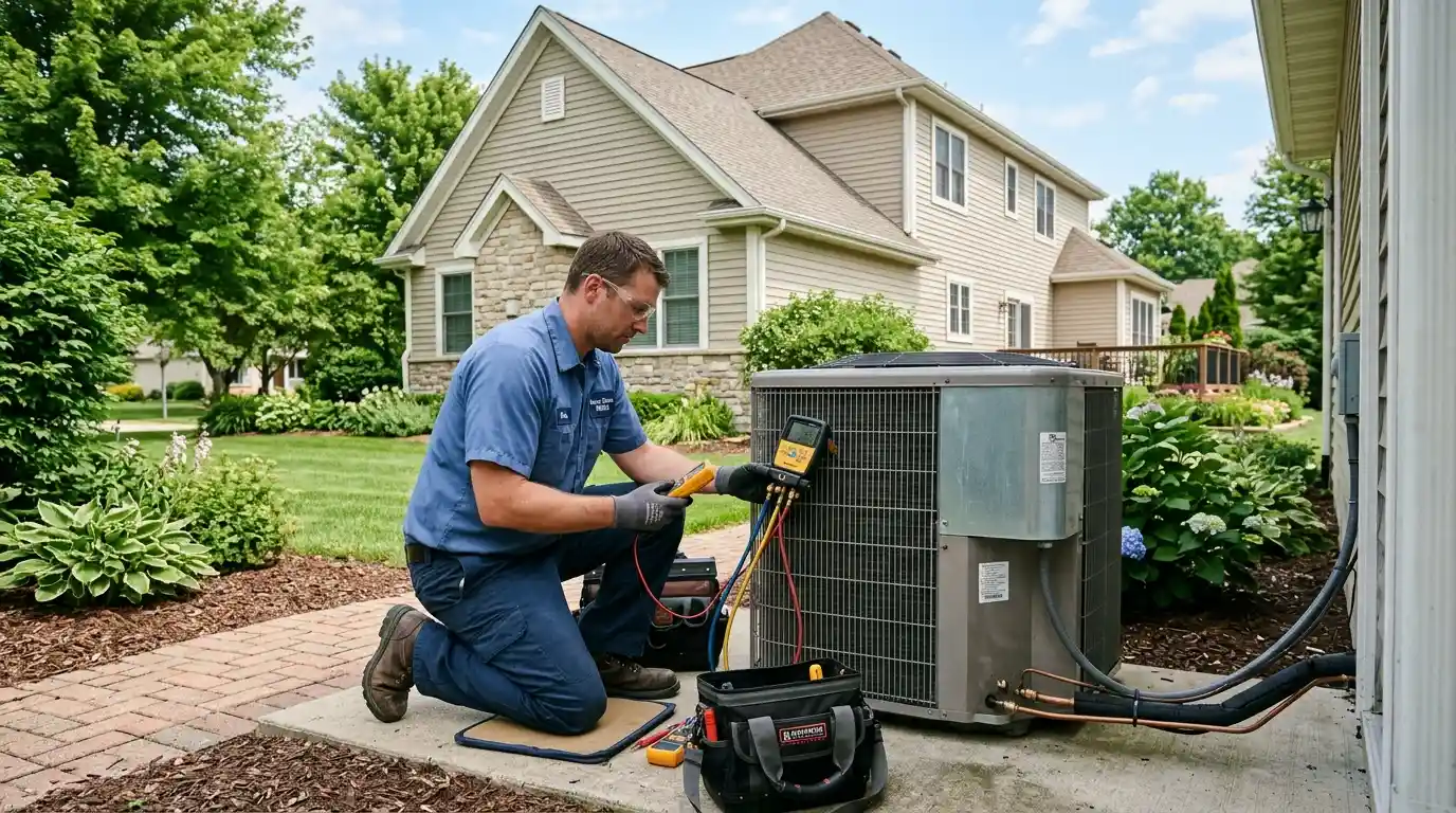 HVAC technician inspecting an outdoor air conditioning condenser at a residential property.