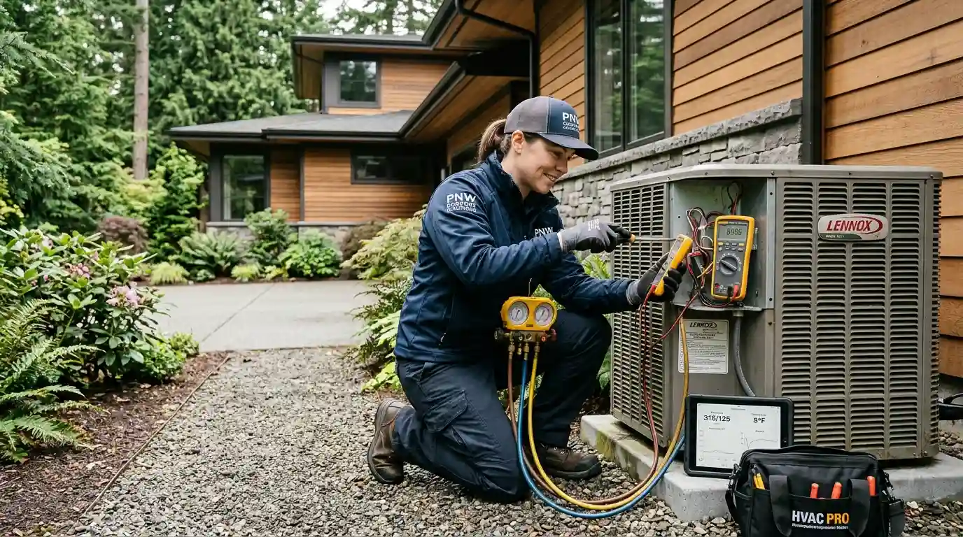 HVAC technician inspecting an outdoor air conditioning condenser at a residential property in Redmond, Washington.