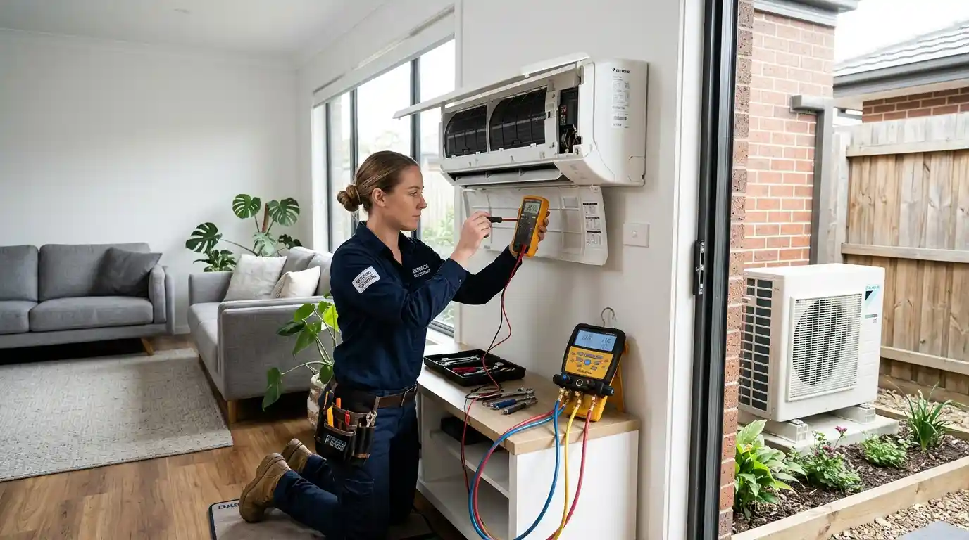 HVAC technician inspecting a residential split-system air conditioner during a repair visit.