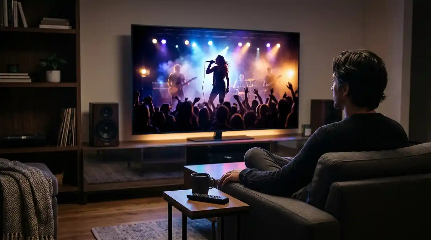 A viewer watching a live music performance on a television in a comfortable living room.