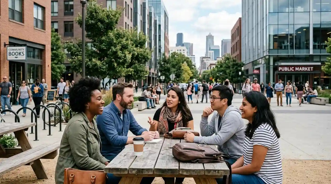 Adults from diverse cultural backgrounds talking together in an American community setting.