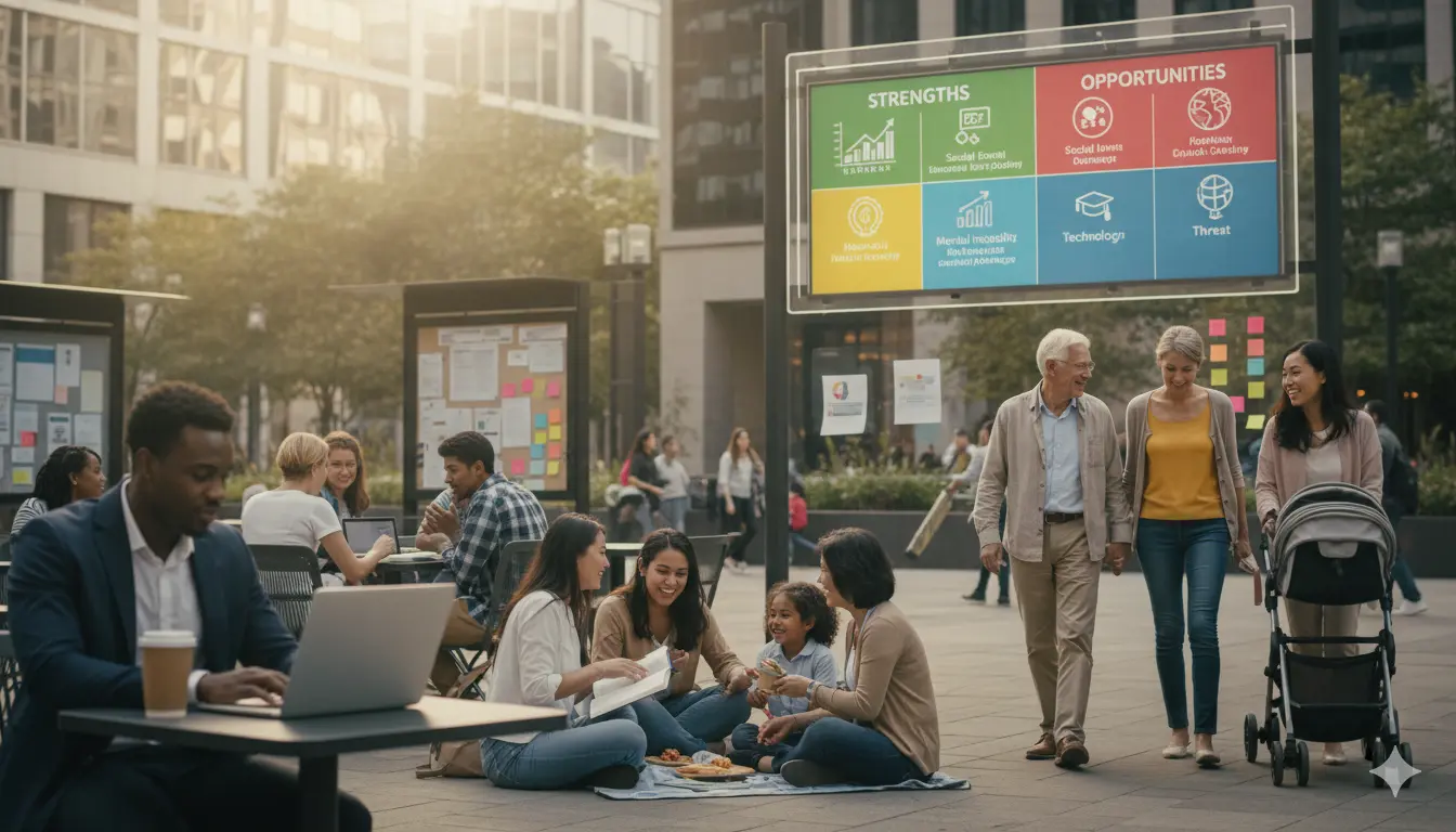 Diverse groups of Americans representing culture and society with visual elements of a SWOT analysis in the background.
