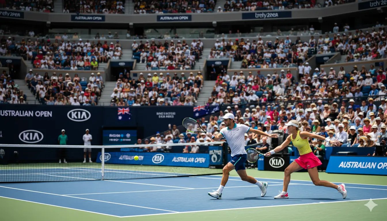 Australian Open 2026 match at Melbourne Park featuring top players in action, with packed stands and vibrant atmosphere.