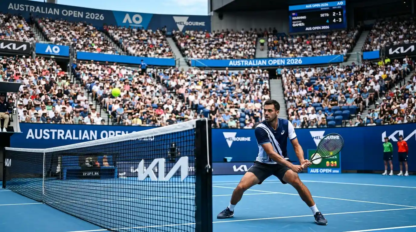 Tennis player competing on a blue hard court in a packed stadium during a Grand Slam tournament.