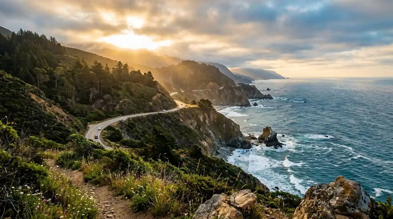 Rugged California coastline with forested cliffs, Pacific Ocean waves, and a winding coastal road.