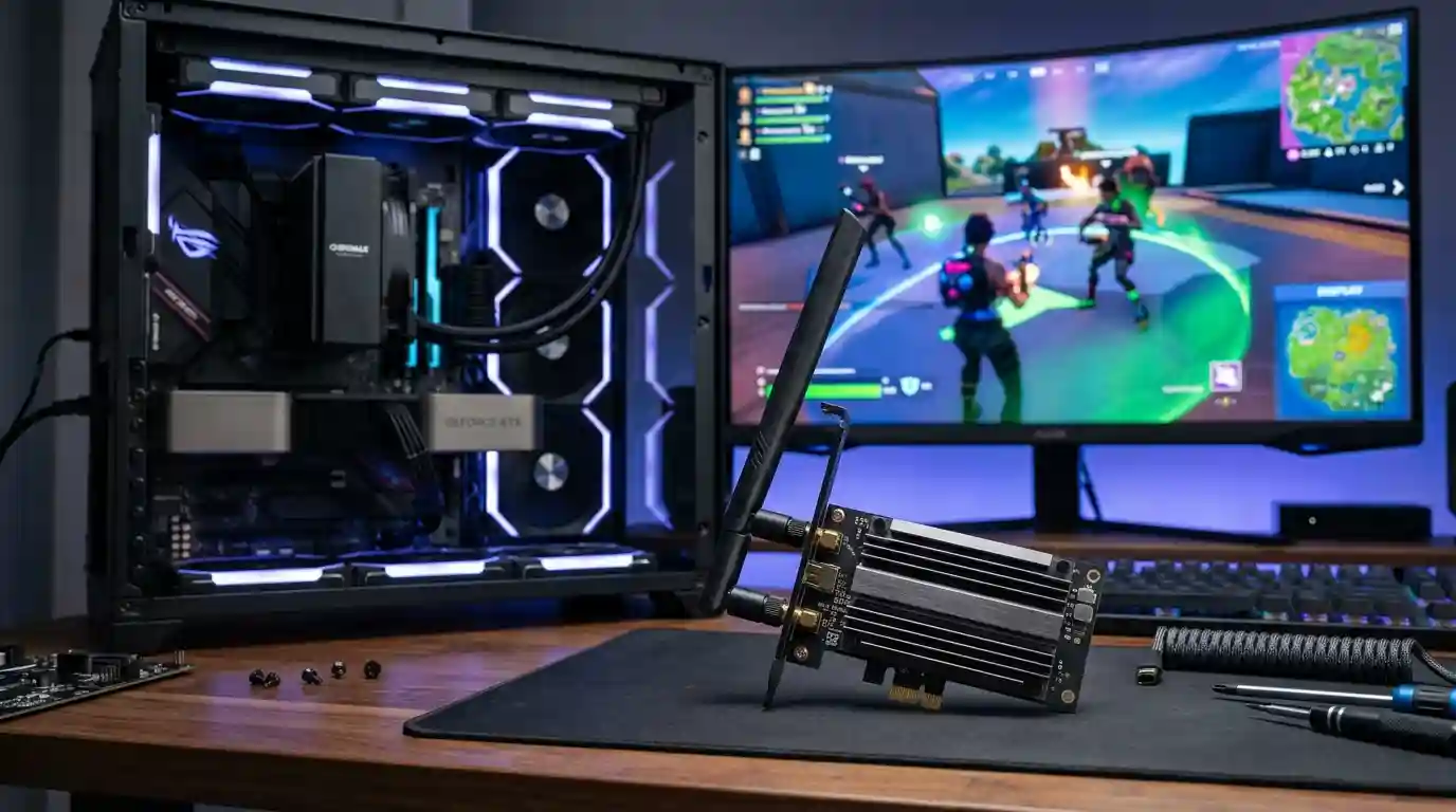 PCIe WiFi card with external antennas beside an open gaming desktop PC.