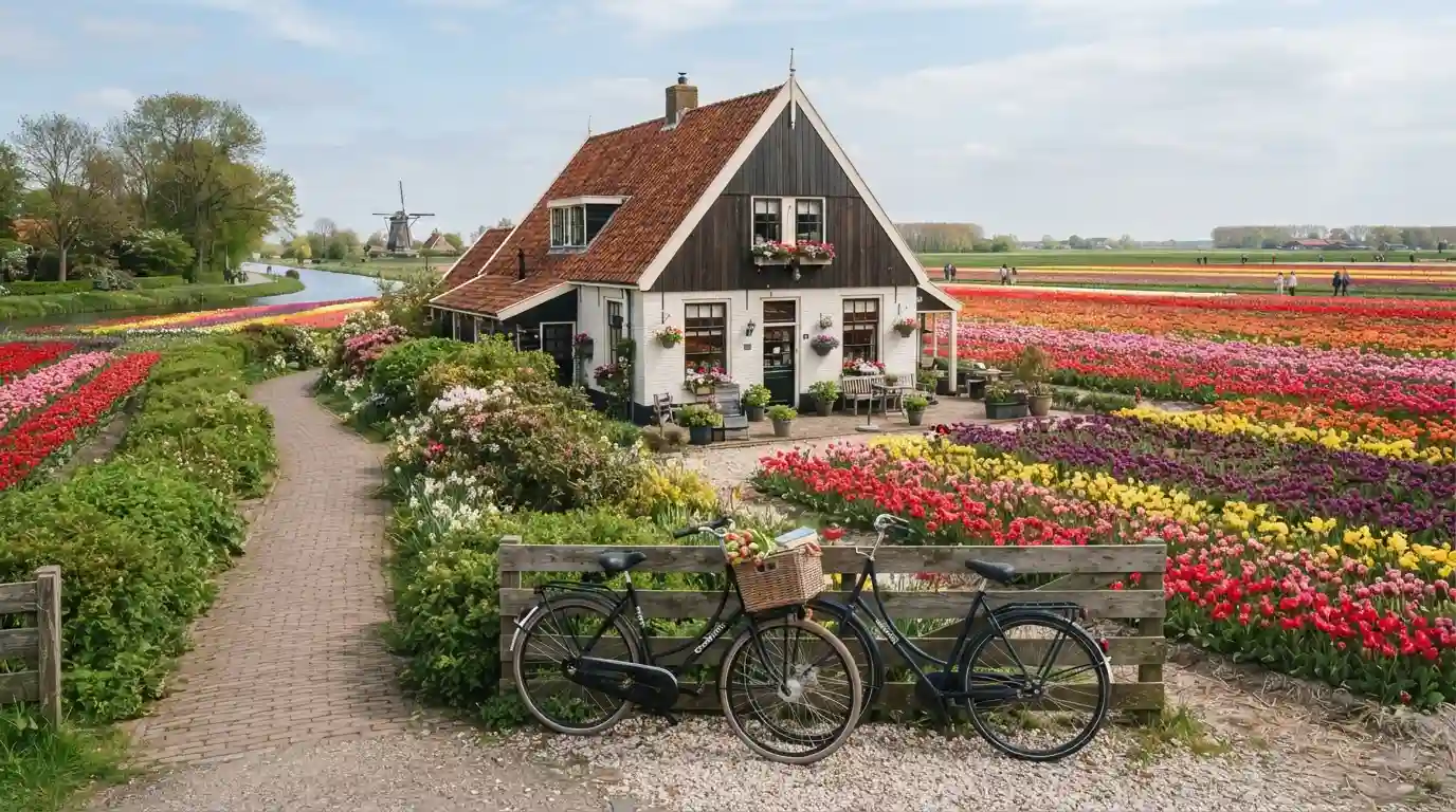 Charming accommodation near Keukenhof surrounded by colorful Dutch tulip fields