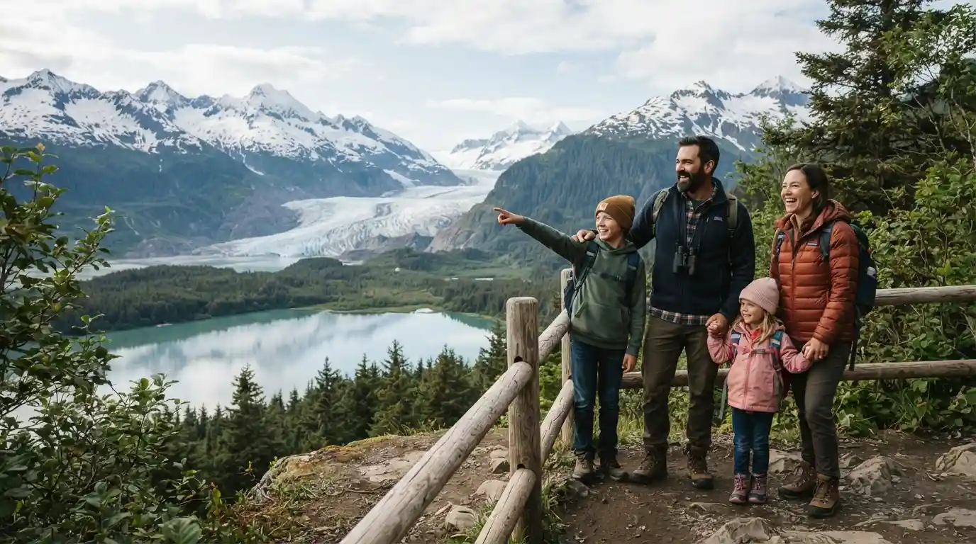 Family with children enjoying a scenic Alaska mountain and glacier landscape
