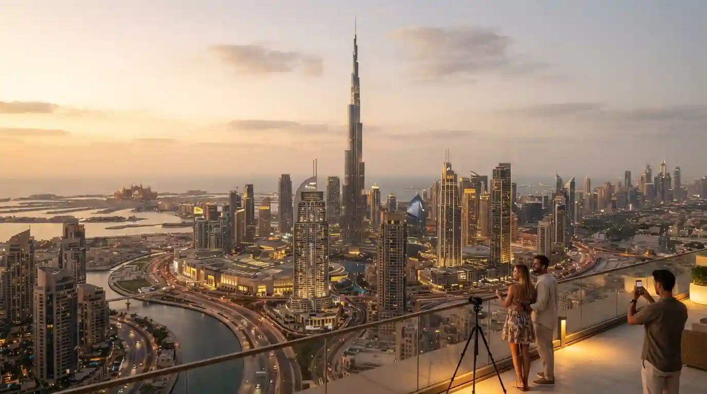 Dubai skyline with Burj Khalifa and modern Downtown Dubai buildings at golden hour