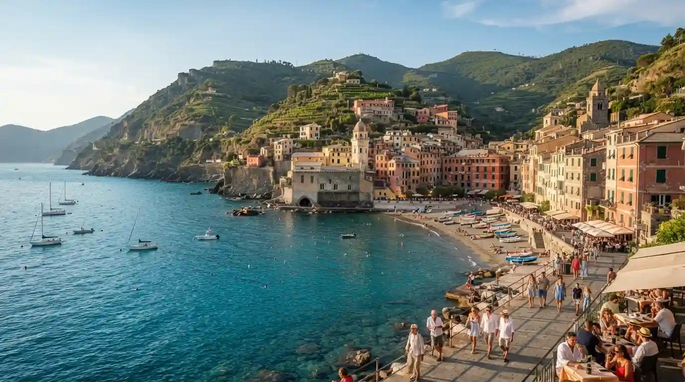 Scenic European coastline with historic architecture and mountains during summer