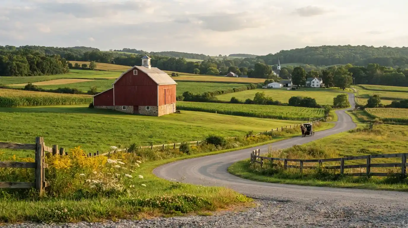 Lancaster County Pennsylvania countryside with a traditional barn, farmland, and horse-drawn buggy