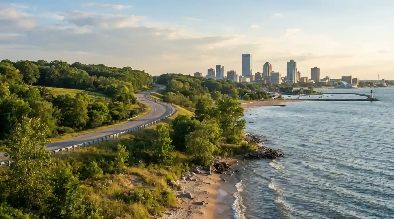 Scenic Midwest landscape with a Great Lakes shoreline, forest, and distant city skyline