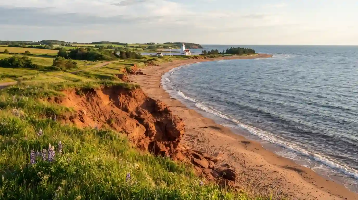 Red sandstone coastline, sandy beach, and lighthouse in Prince Edward Island