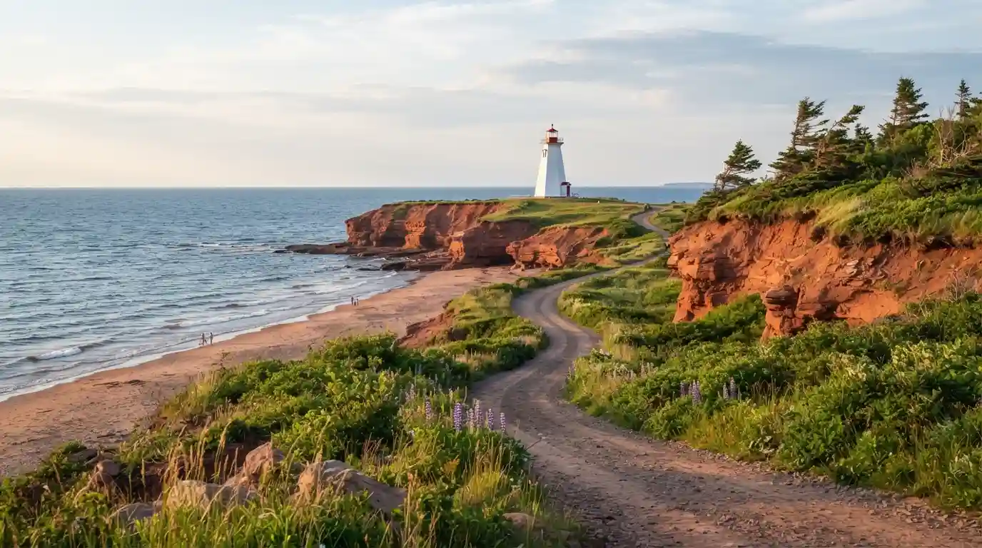 Scenic Prince Edward Island coastline with red cliffs, sandy beach, green vegetation, and a lighthouse