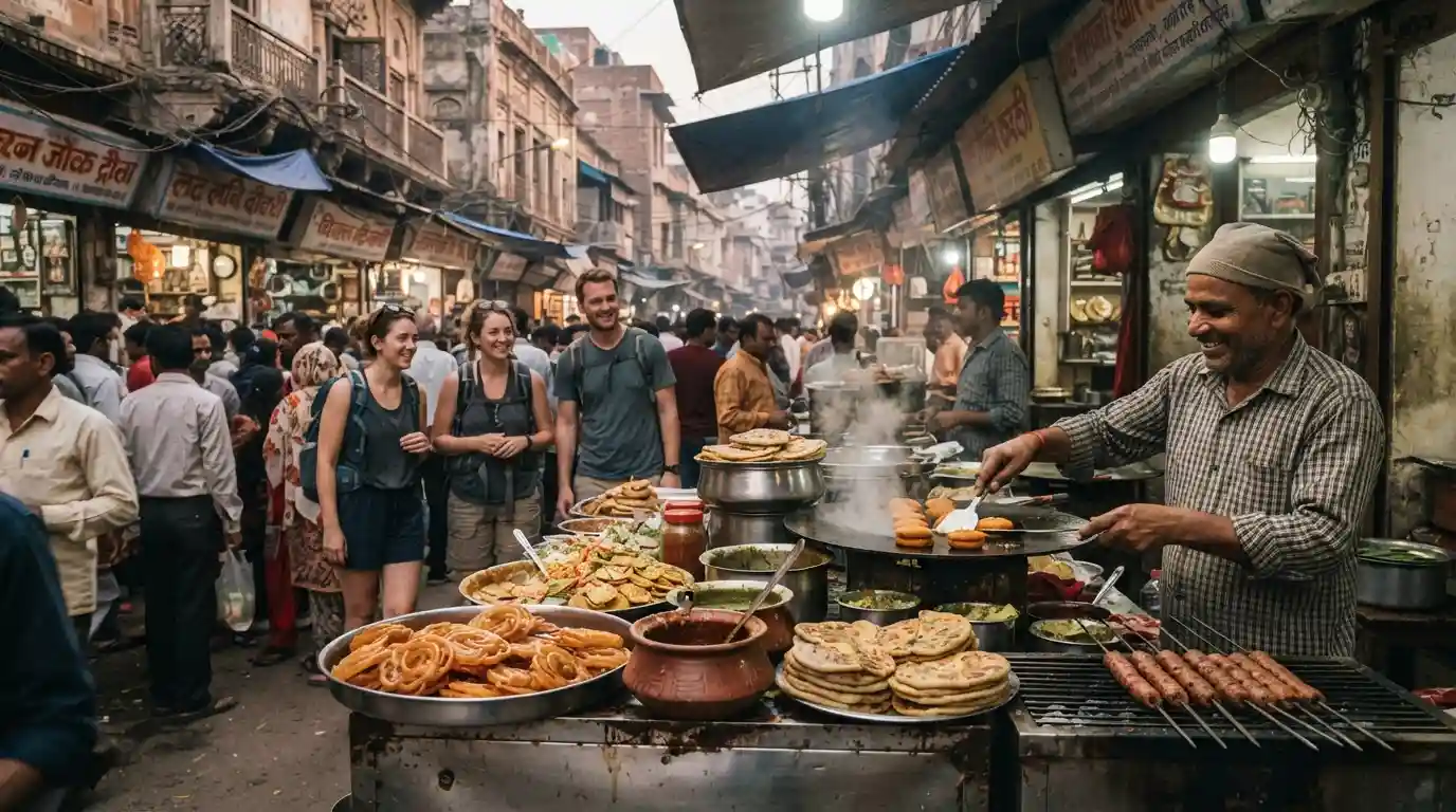 Street-food vendor serving traditional Indian snacks in a busy Old Delhi market