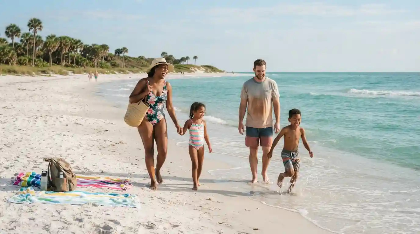 Family enjoying a sunny Florida beach vacation together