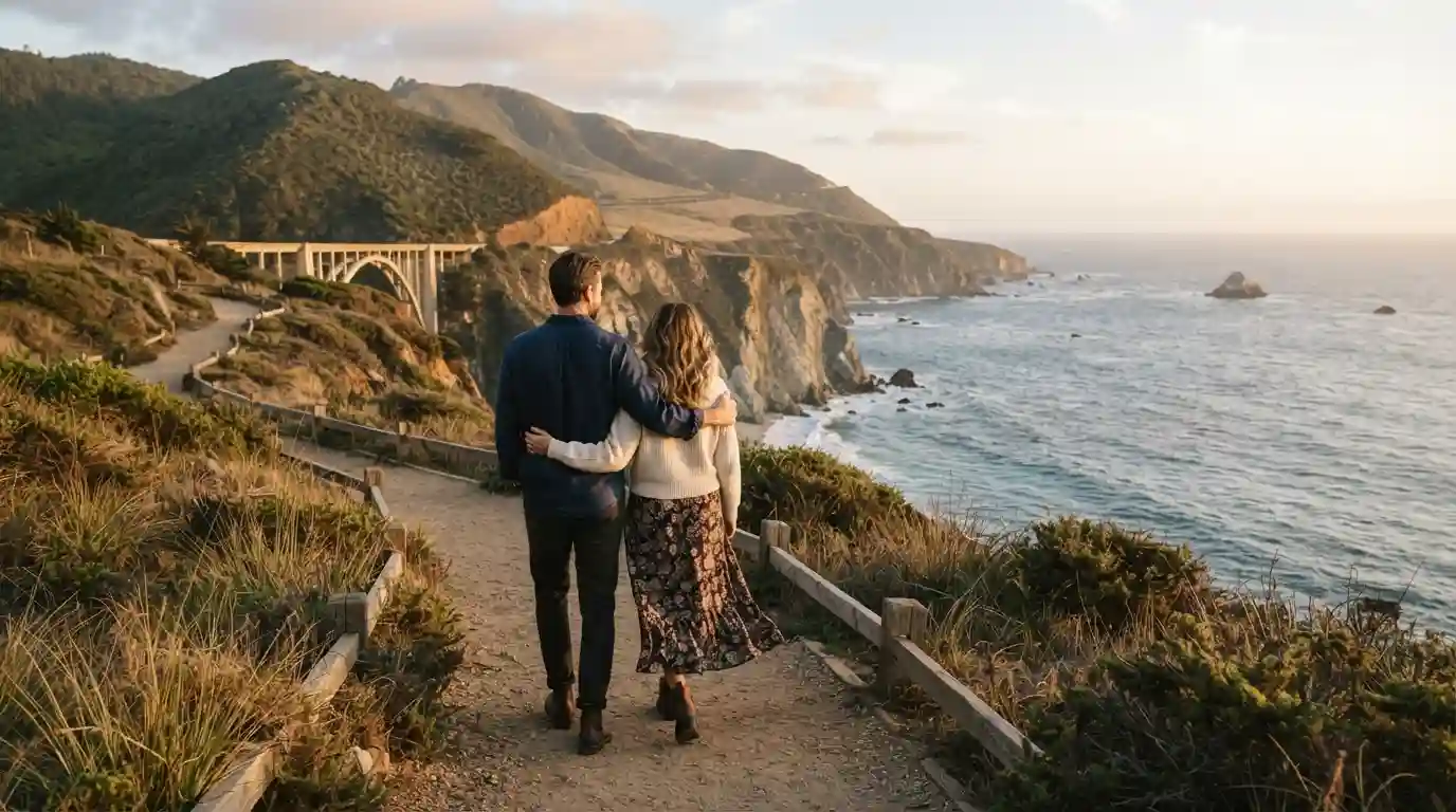 Couple walking together at a scenic U.S. coastal destination during golden hour