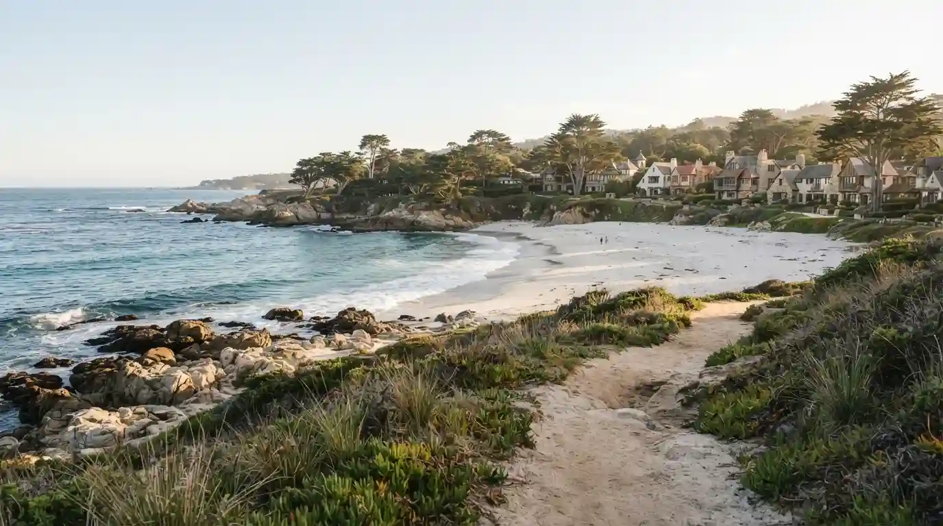 White-sand Carmel Beach with cypress trees and the Pacific coastline in Carmel-by-the-Sea, California