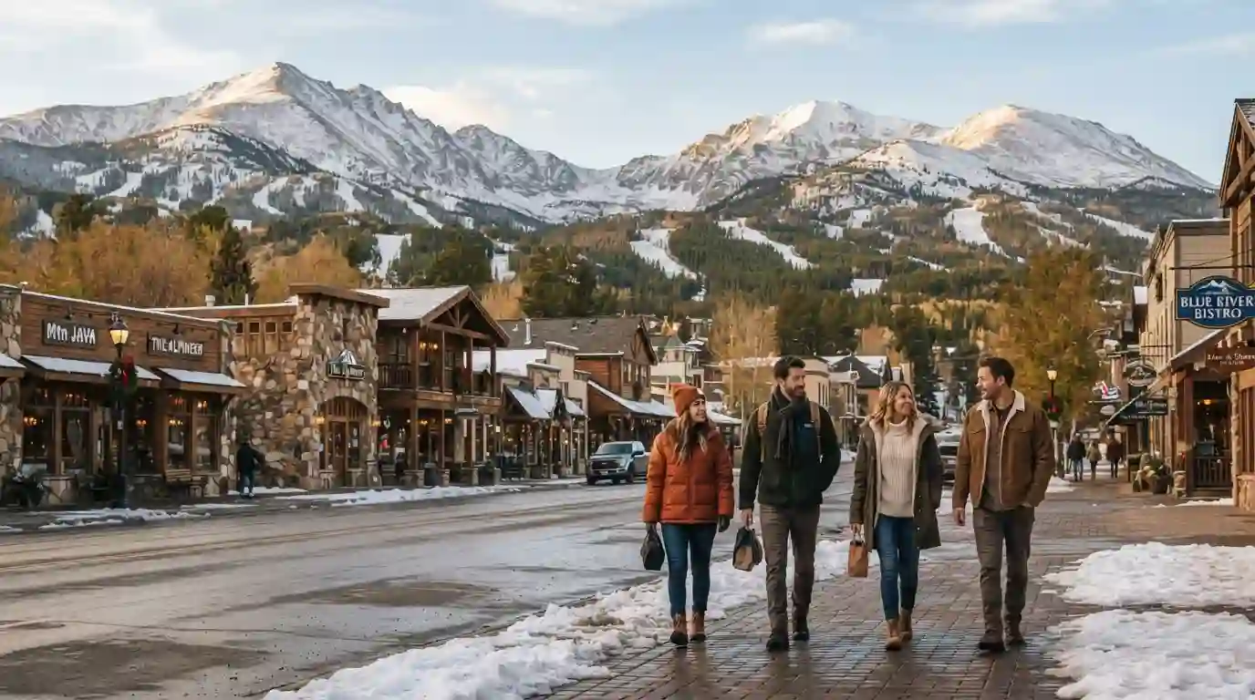 Scenic Colorado mountain town with early snow during a Thanksgiving getaway