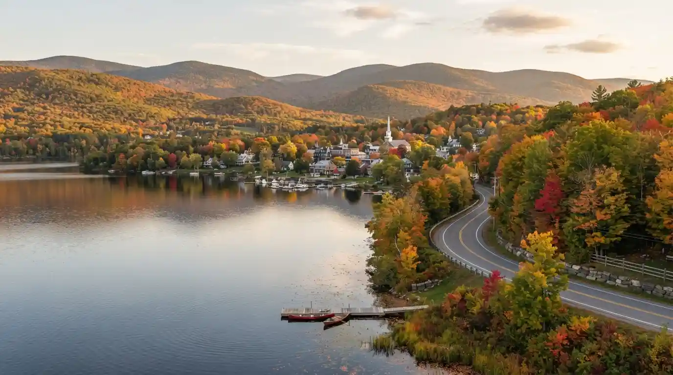Scenic Eastern Townships landscape in Quebec with a lake, colorful forests, and rolling hills