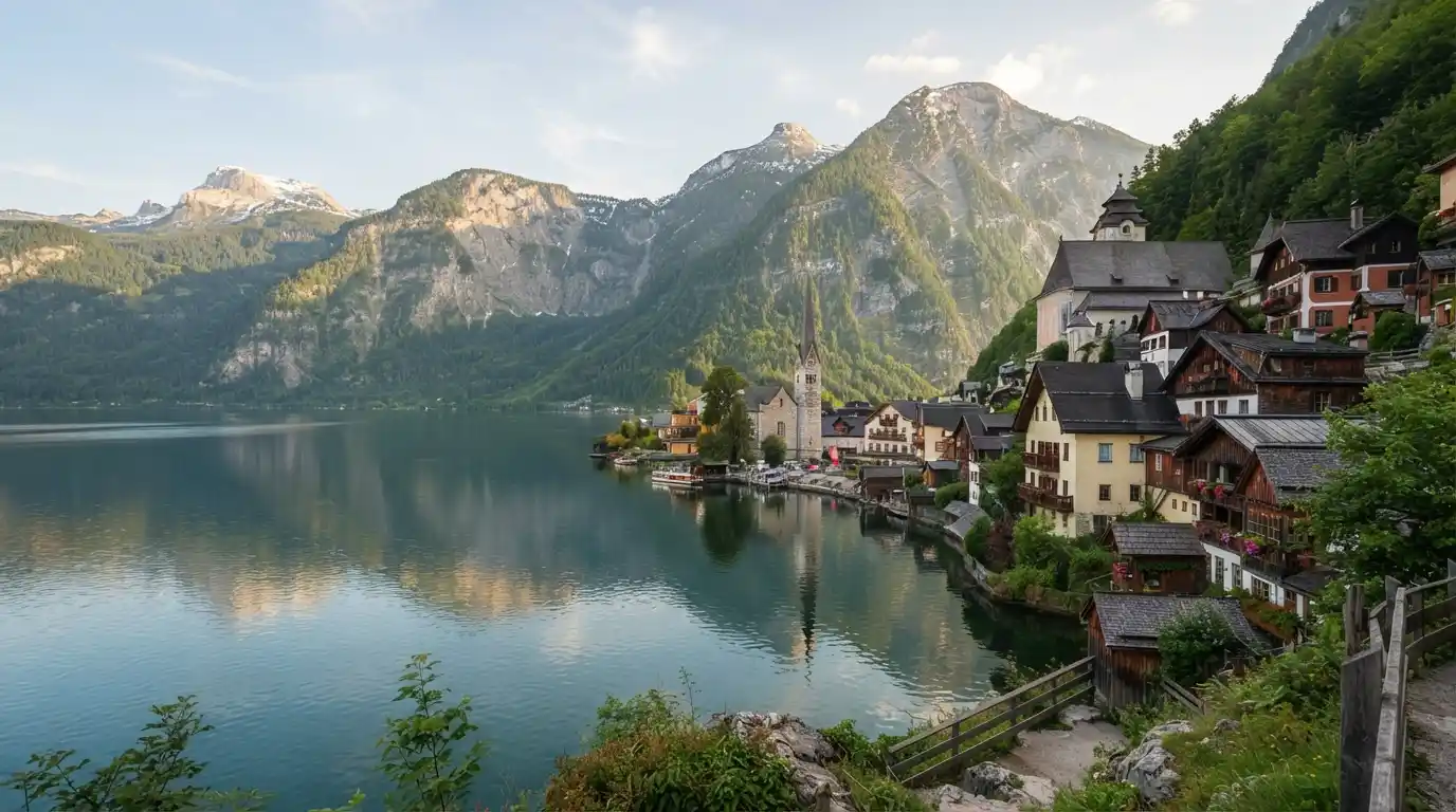 A scenic Austrian lakeside village surrounded by Alpine mountains