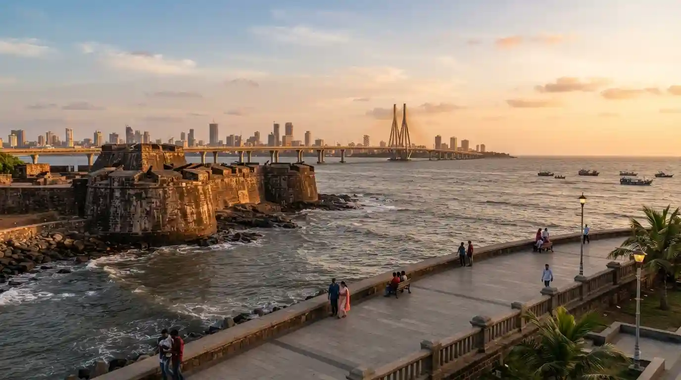 Bandra Fort overlooking the Arabian Sea and Bandra-Worli Sea Link at sunset in Mumbai