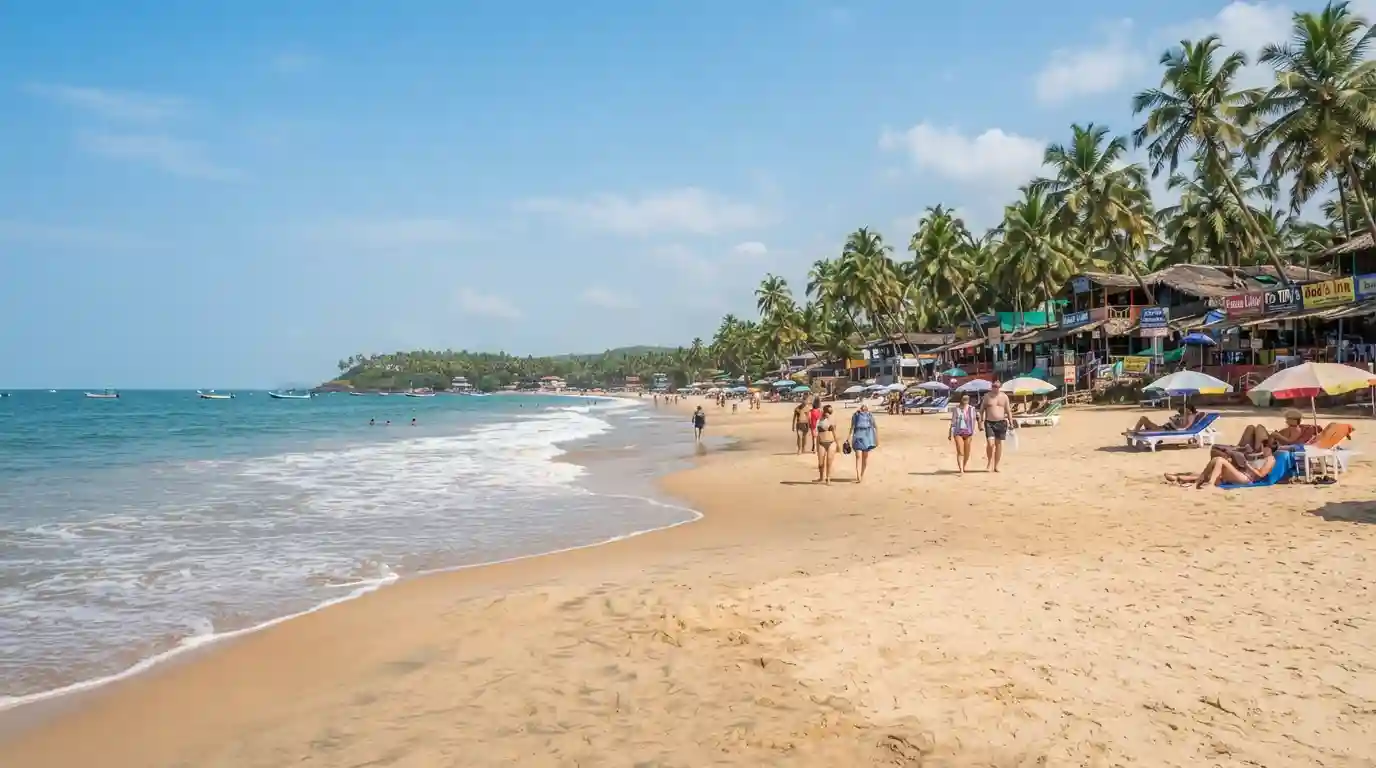 Calangute Beach in Goa with sandy shoreline, palm trees, Arabian Sea, and visitors enjoying the coast