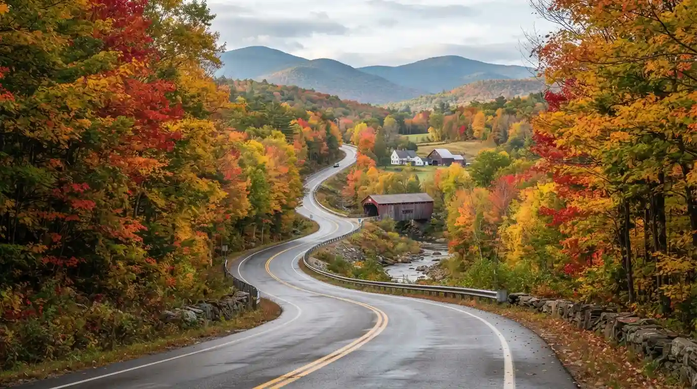 Scenic New England road surrounded by colorful autumn foliage and forested mountains
