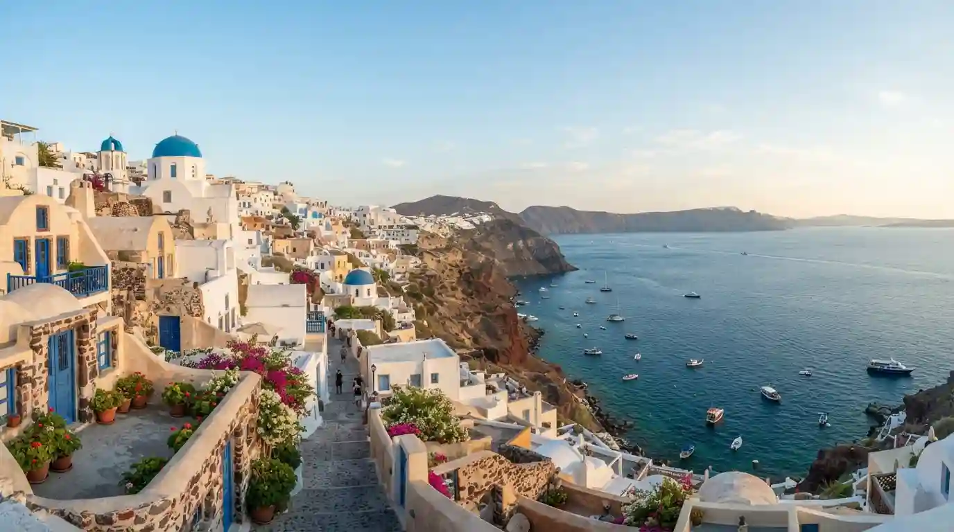 Greek coastal scenery with whitewashed buildings, blue domes, and the Aegean Sea