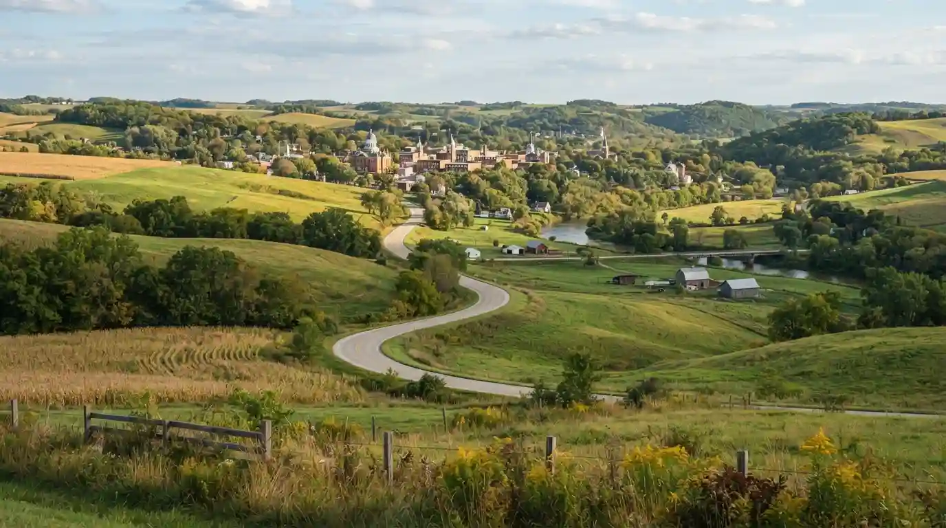 Scenic Iowa landscape with rolling hills, a country road, and a picturesque Midwestern town