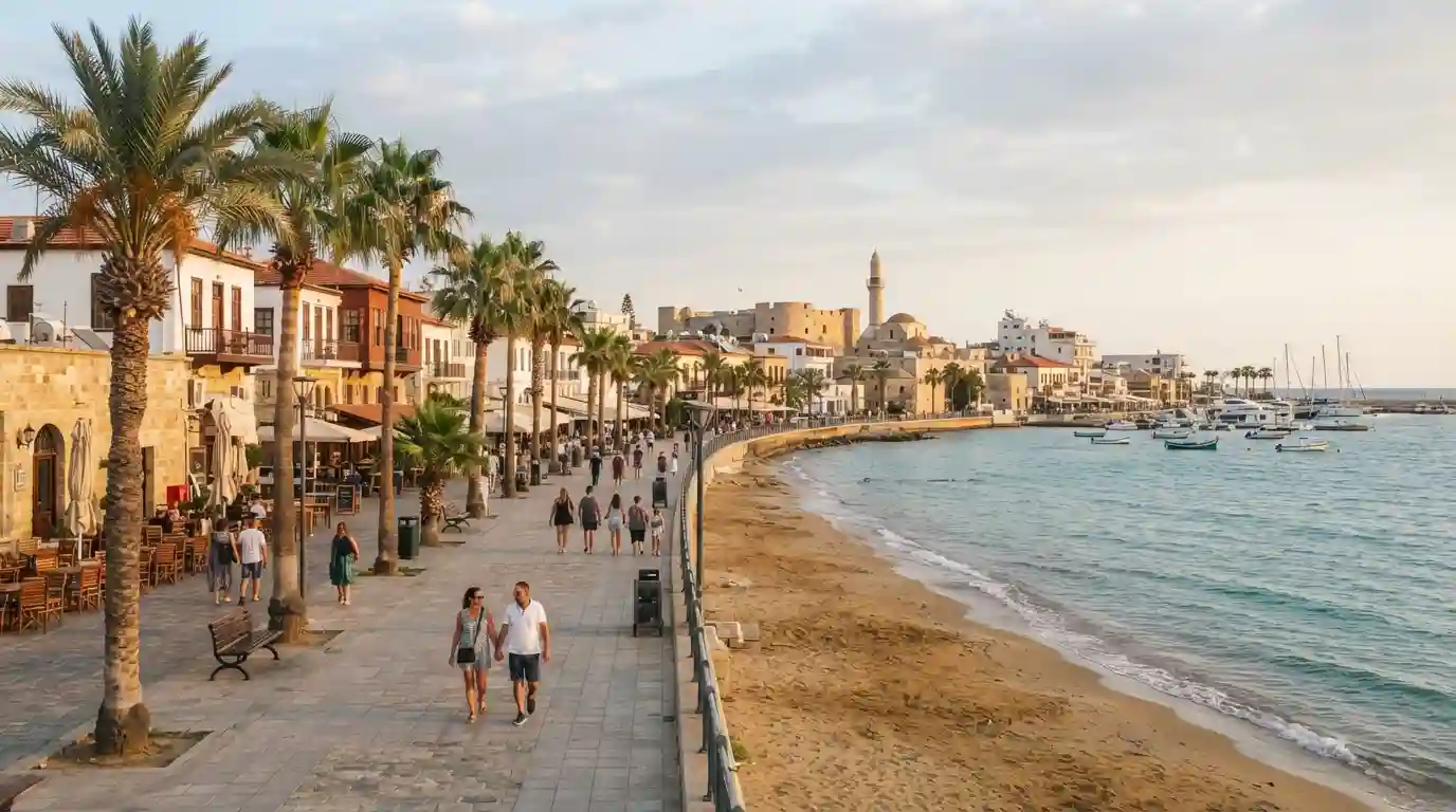 Palm-lined Larnaca waterfront and Mediterranean beach in Cyprus