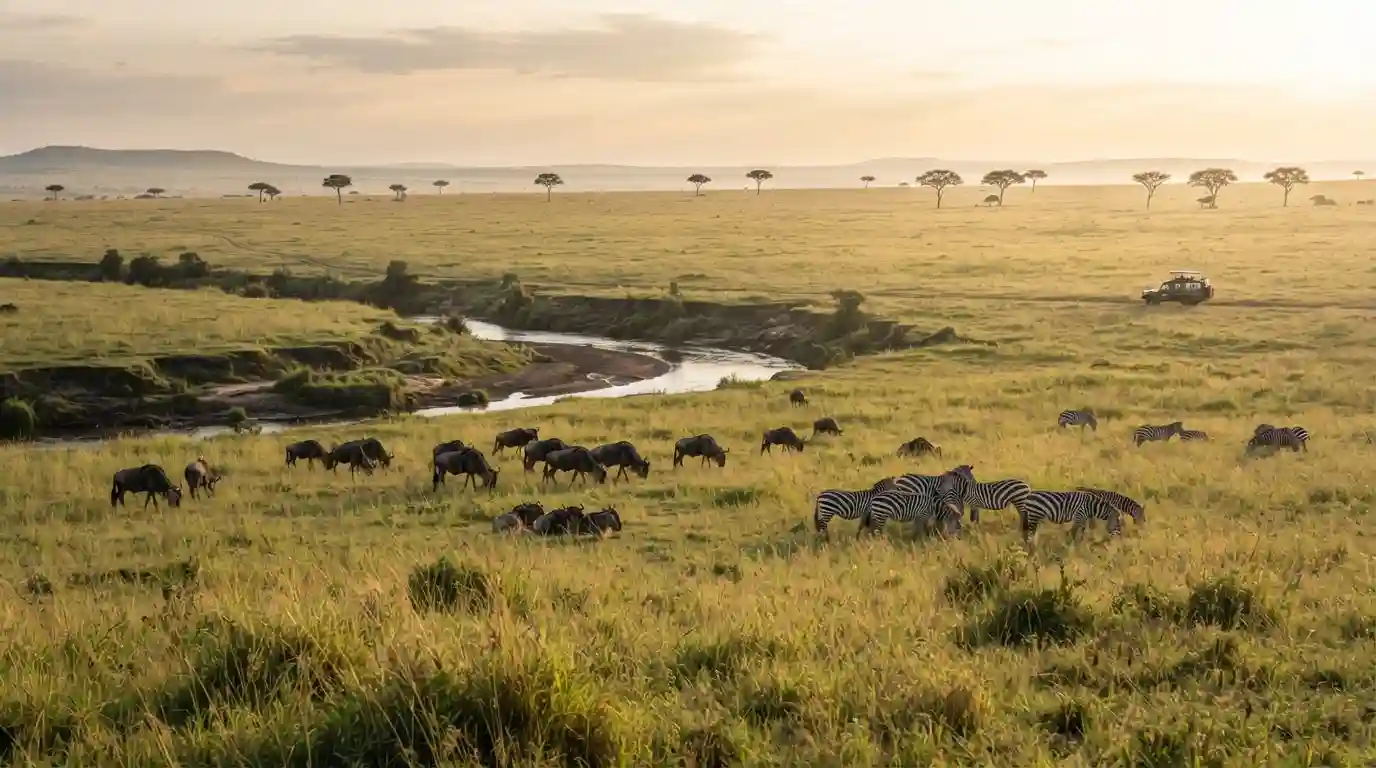Wildebeest and zebras across the Masai Mara savanna near the Mara River at sunrise