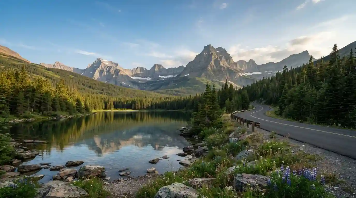 Montana mountain landscape with an alpine lake, evergreen forest, and scenic road